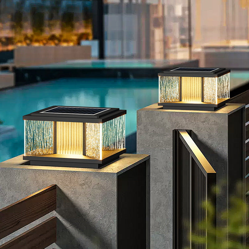 Moderne Einfachheit Aluminium Quadrat Wasser-gewelltes Glas LED wasserdichte Solar Pfostenlampe Rasenlicht für Garten | Brehn