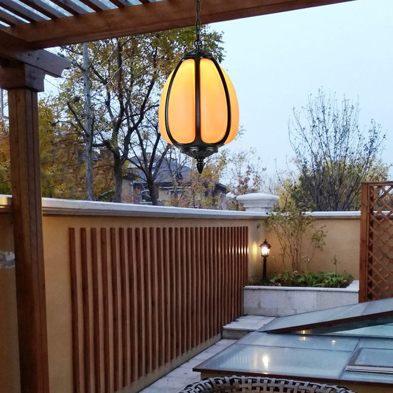 Traditionelle chinesische wasserdichte Aluminium-PC-Dolomit elliptische Kürbis 1-Licht Pendelleuchte für Außenpatio | Brehn