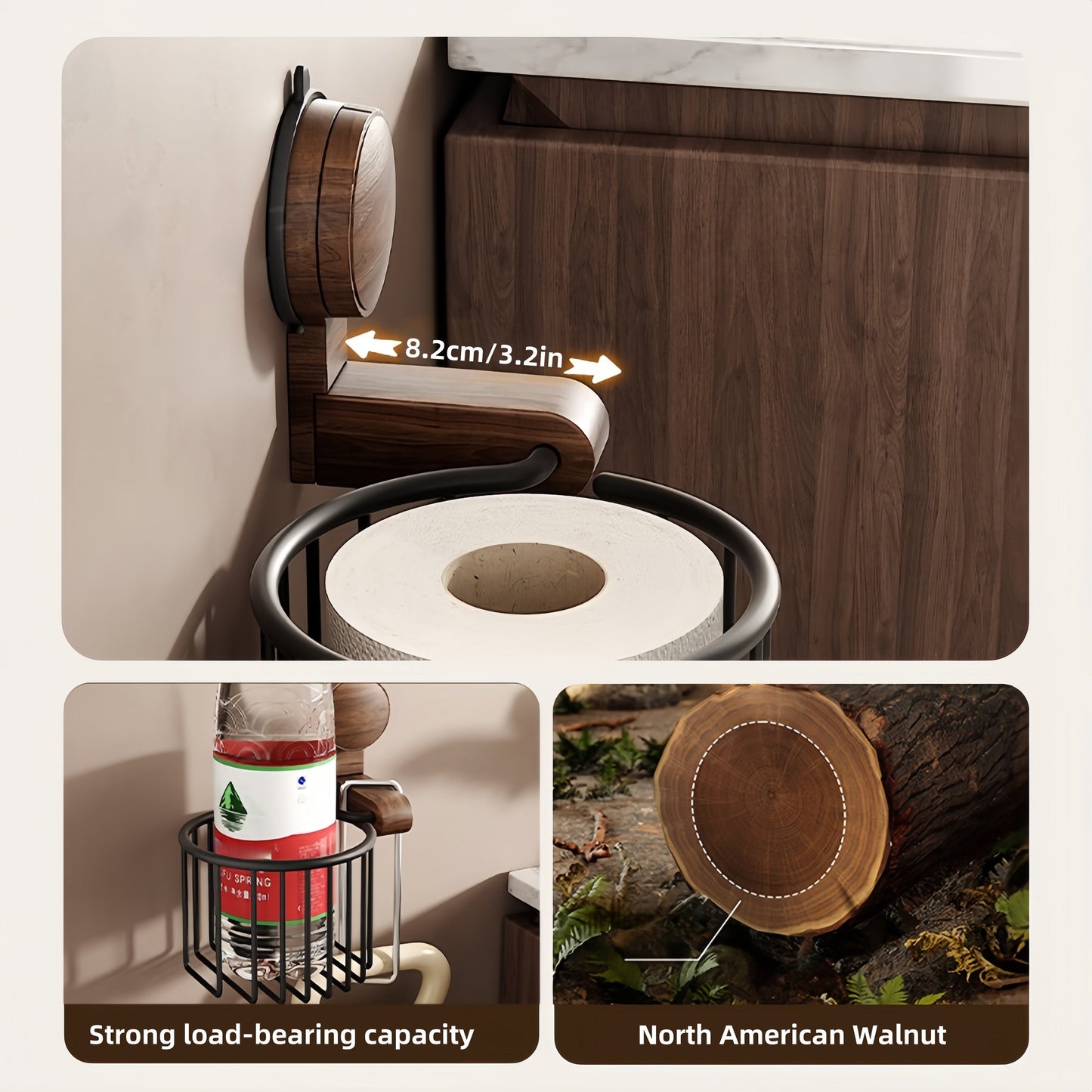 Walnuss Holz Toilettenpapierhalter – bohrfrei mit Saugnapf | Brehn