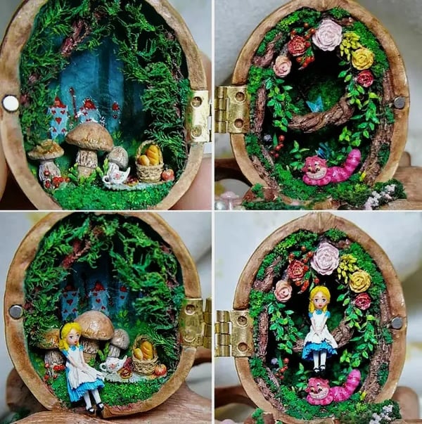 Miniatur-Walnusshaus-Ornament | Handgefertigtes Geschenk | Details aus Ton und Holz mit Beleuchtung