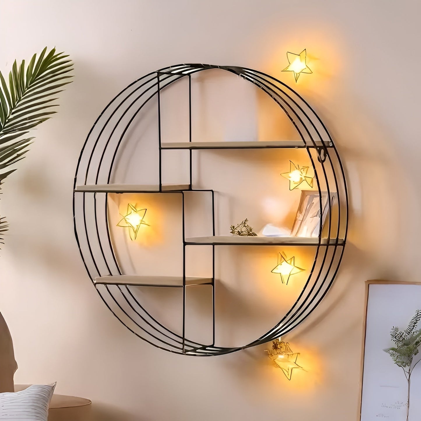 Rundes Wandregal mit 4 Ebenen – Retro-Design aus Holz und Metall | Dekoratives Hängeregal für Wohnzimmer, Badezimmer und Schlafzimmer