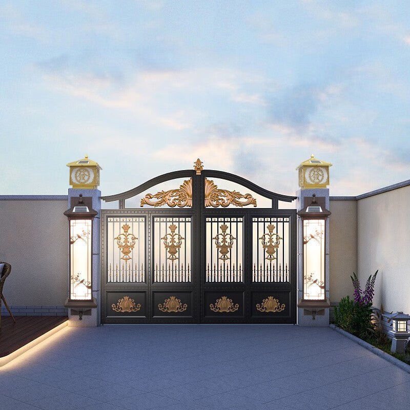 Traditionelle chinesische rechteckige Aluminium-Glas-Solar-LED-Wandleuchte für Garten | Brehn