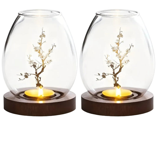 2-teiliges Set aus Glaskerzenhaltern mit Holzsockel – dekorativ im Retro-Zen-Stil | Perfekt für Wohnzimmer, Terrasse und Außenbereich