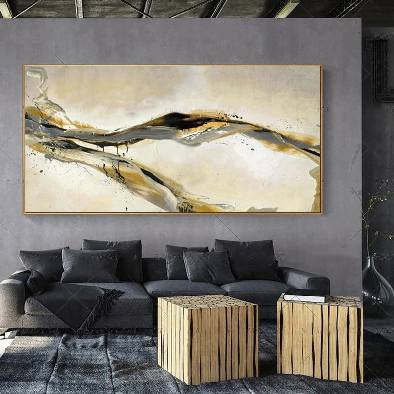 Moderne abstrakte graue beige goldene Wandkunst Fine-Art-Leinwanddrucke Bild für luxuriöse Wohnzimmer Schlafzimmer Kunst für zeitgenössische Innenräume | Brehn