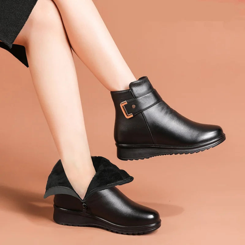 Orthopädische Damenstiefel mit Metallschnalle aus echtem Leder und Wolle