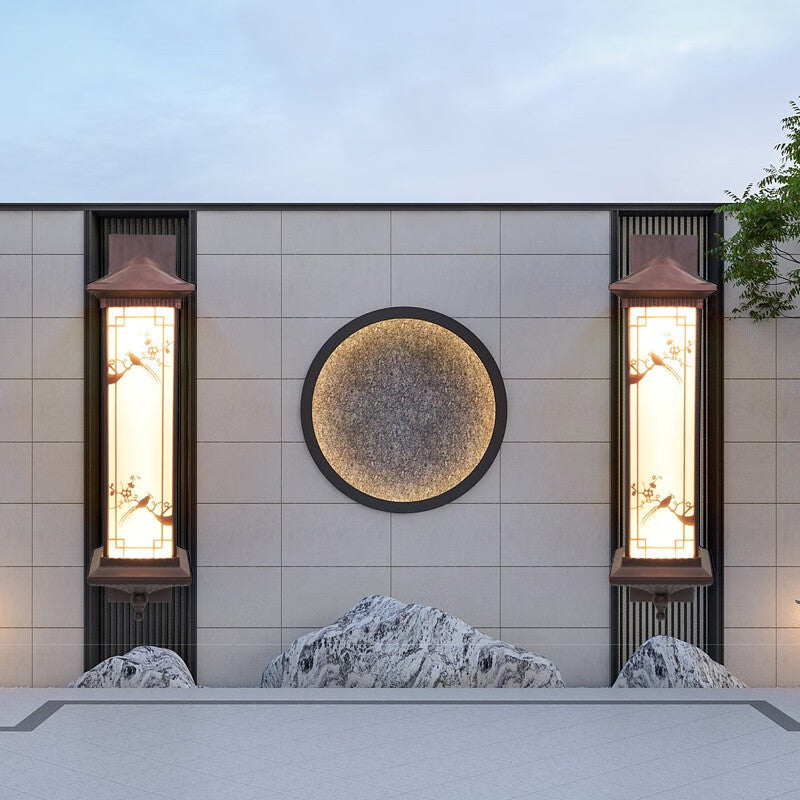 Traditionelle chinesische rechteckige Aluminium-Glas-Solar-LED-Wandleuchte für Garten | Brehn