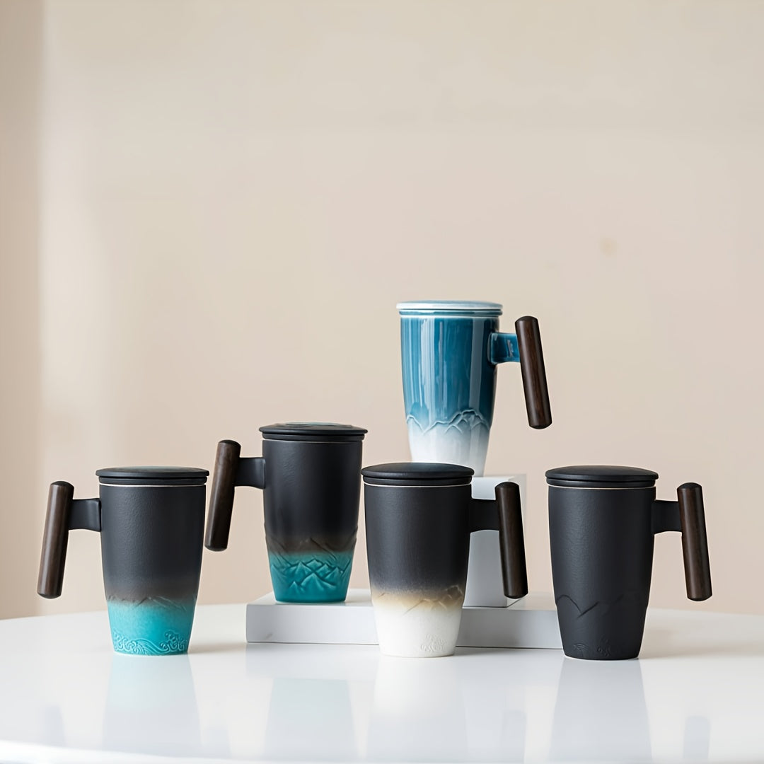 Brehn | TeaCraft Ceramic Mug | Handcrafted | With Tea Filter and Wooden Handle | Retro Design