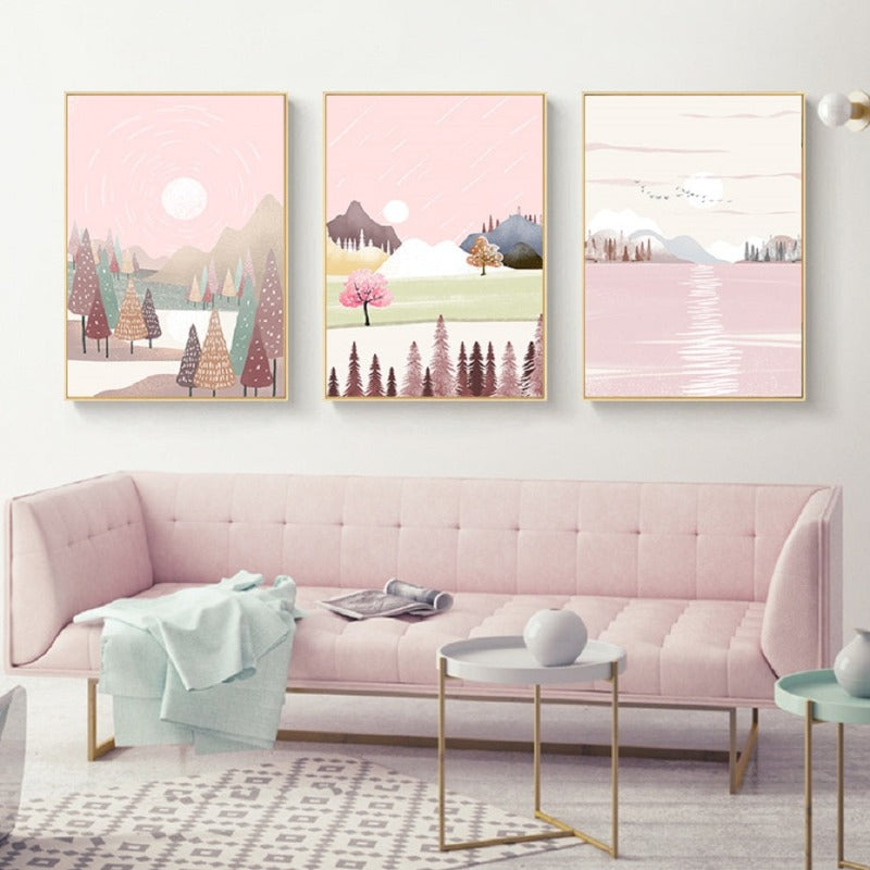 Traumhafte rosa Landschaft - Leinwand Wandkunst Gemälde