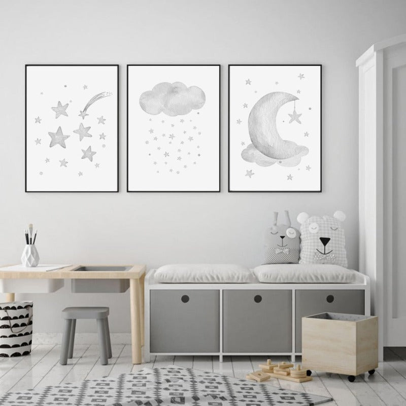 Graue Mond Sterne Wolke Kinderzimmer - Leinwand Wandkunst Malerei