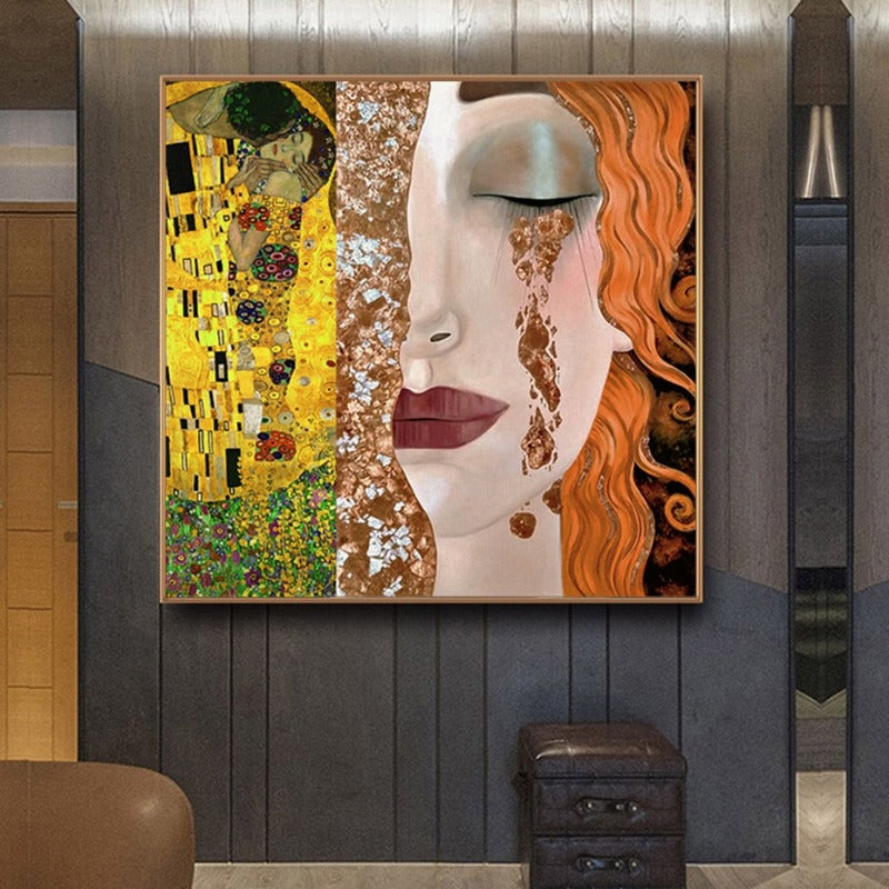 Gustav Klimt Goldene Tränen und Kuss Mädchen - Leinwand Wandkunst Gemälde