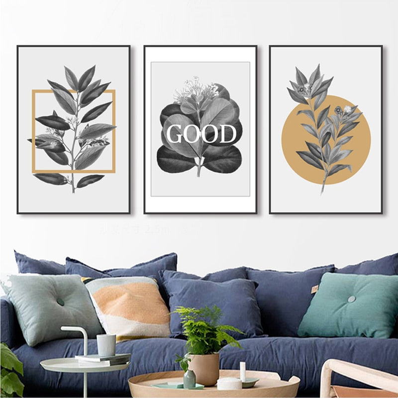 Graue Blumen Geometrische Nordische Drucke Poster - Leinwand Wandkunst Malerei