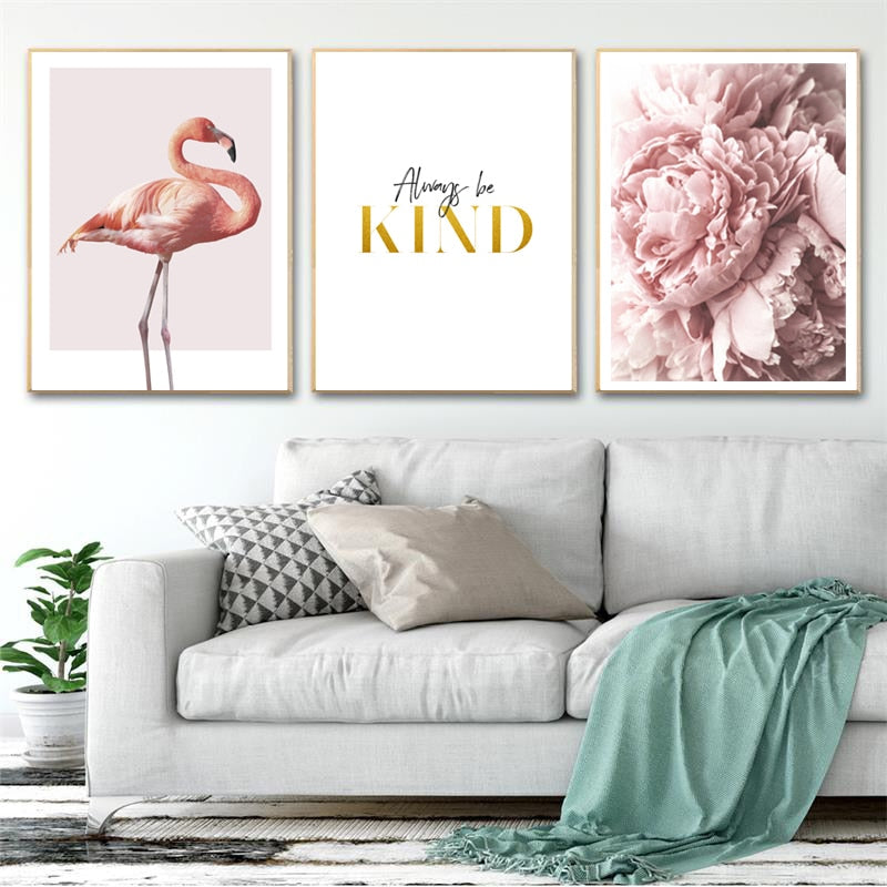 Modernes Leinwandbild mit rosa Flamingos und Pfingstrosen