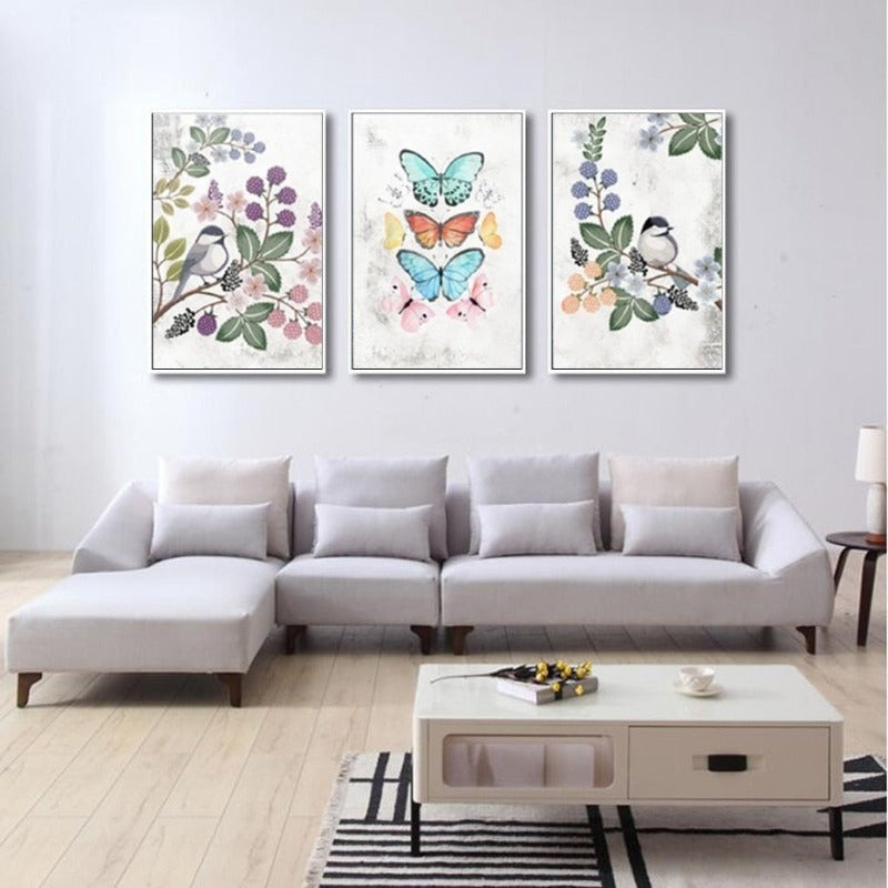 Nordisches Vintage-Leinwandbild mit Blumen, Vögeln und Schmetterlingen