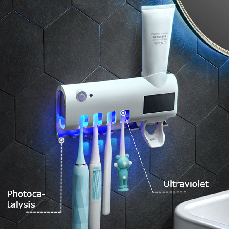 Brehn | Smart Punch-freie UV Sterilisation Zahnbürstensterilisator / Regal mit automatischer Zahnpasta, solarbetrieben, Lithium-Batteriespeicher, doppelte Sterilisation & automatische Induktion