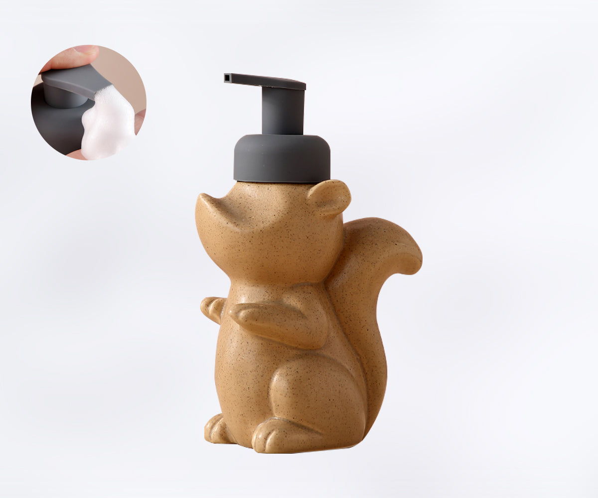 Brehn | Keramischer Seifenspender, Eichhörnchen Schaum-Pumpen Badezimmerflasche, Tierdesign, nachfüllbare wiederverwendbare Lotion-Pumpe für Badezimmer Küche, 510ml/17,2oz