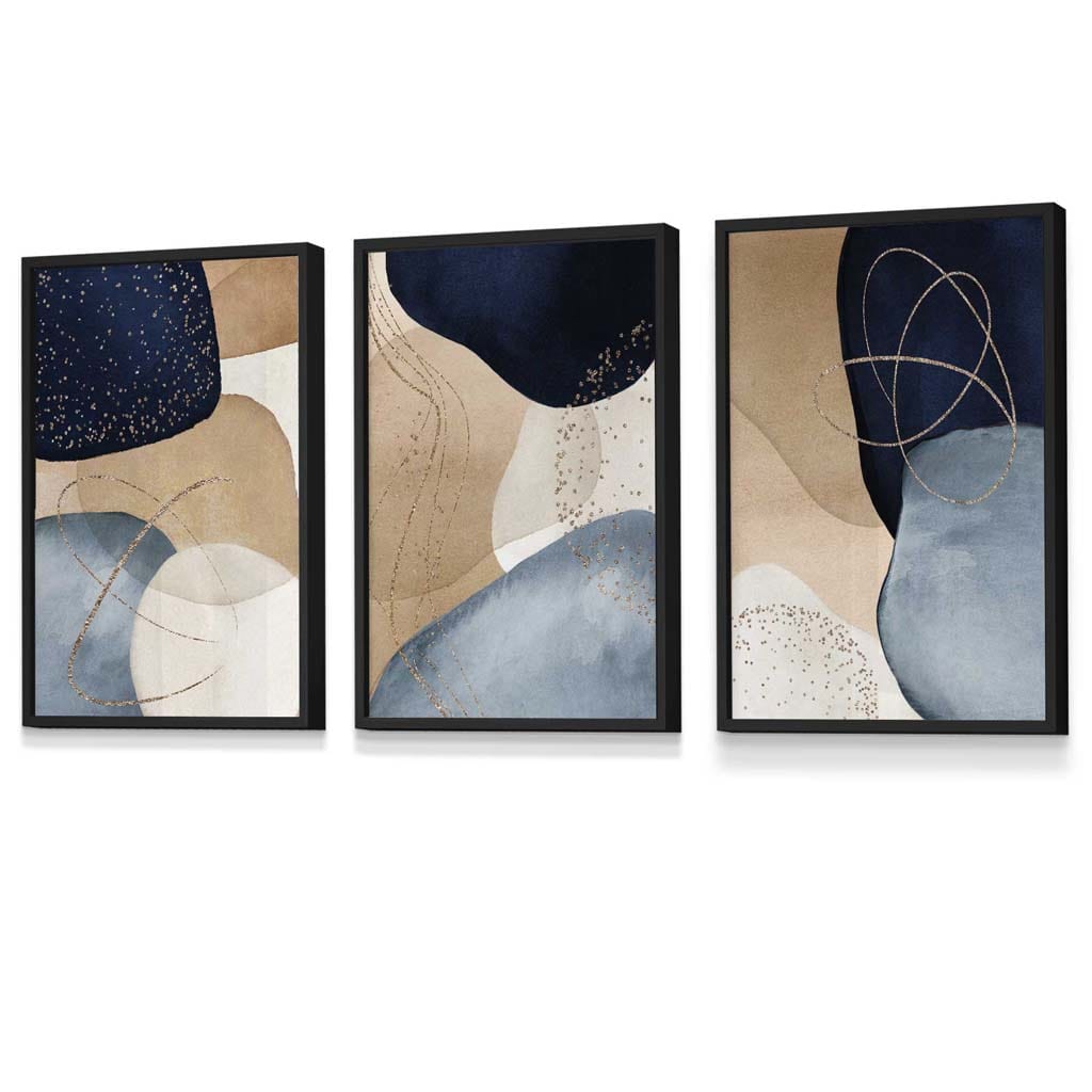 Abstrakte blaue, beige und goldene Formen – 3er-Set gerahmte Wandbilder