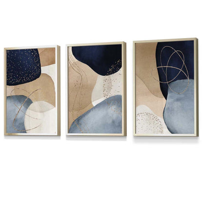 Abstrakte blaue, beige und goldene Formen – 3er-Set gerahmte Wandbilder