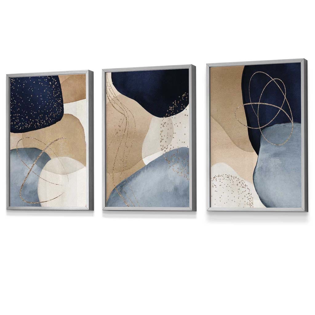 Abstrakte blaue, beige und goldene Formen – 3er-Set gerahmte Wandbilder