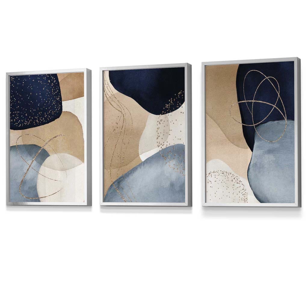 Abstrakte blaue, beige und goldene Formen – 3er-Set gerahmte Wandbilder