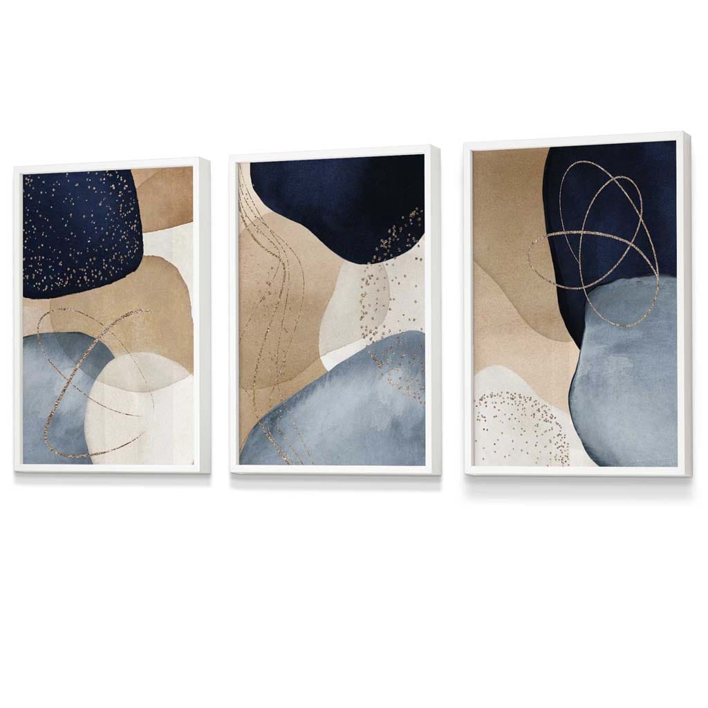 Abstrakte blaue, beige und goldene Formen – 3er-Set gerahmte Wandbilder