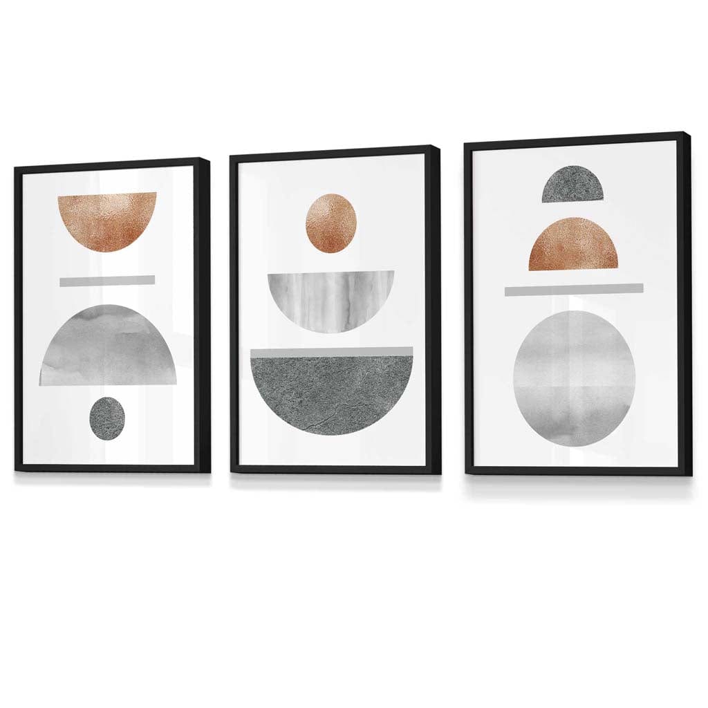 Kupfer und Grau Abstraktes geometrisches Mid-Century-Design, 3-teiliges gerahmtes Wandbild-Set