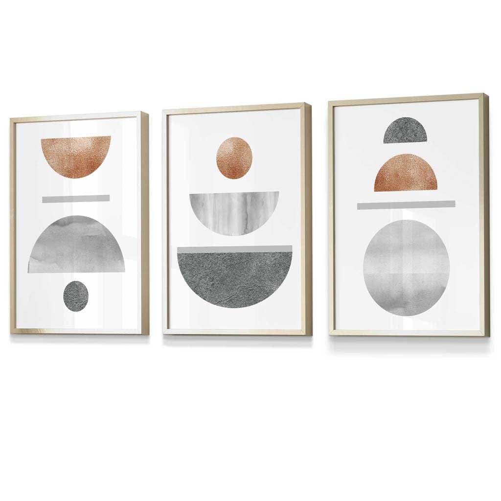 Kupfer und Grau Abstraktes geometrisches Mid-Century-Design, 3-teiliges gerahmtes Wandbild-Set