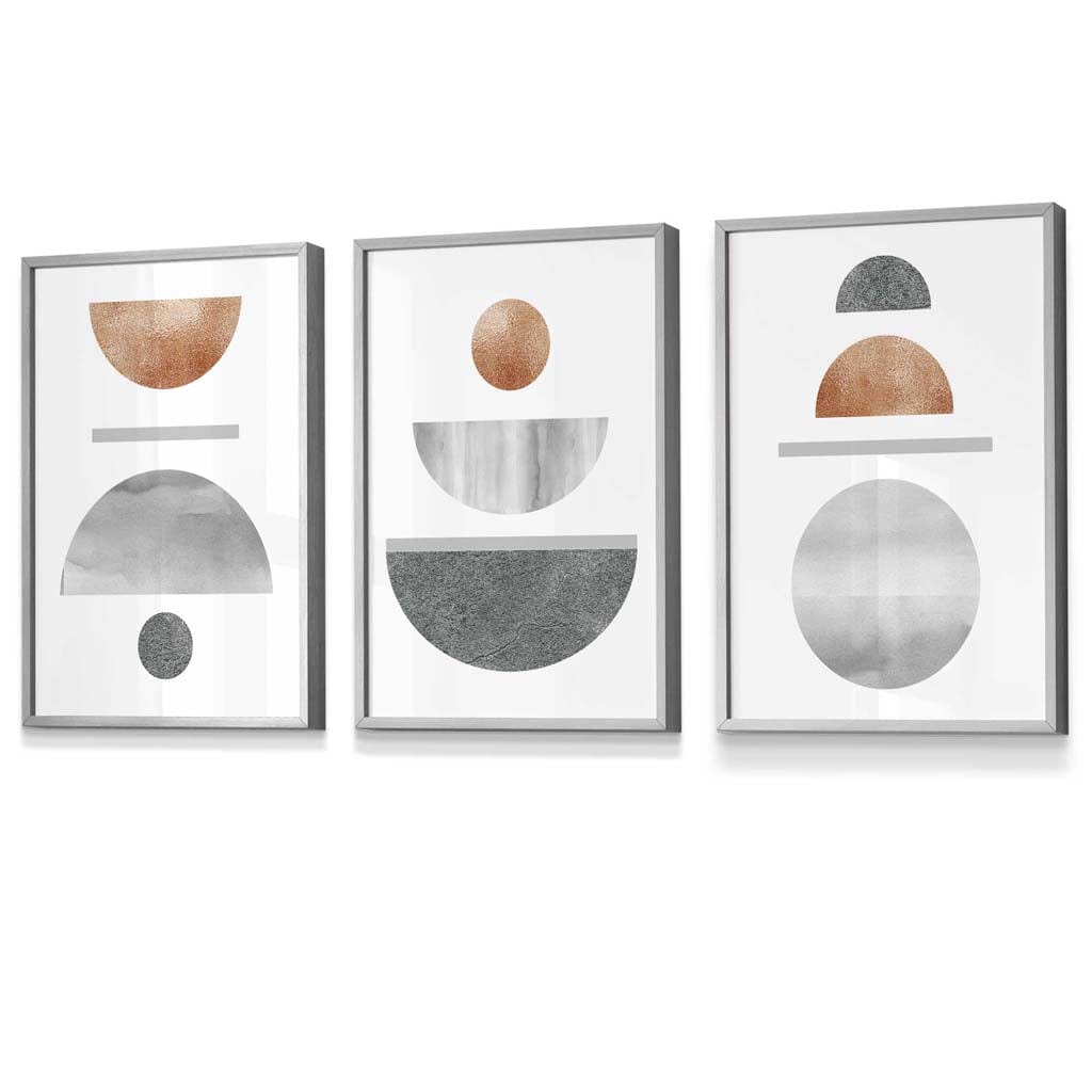 Kupfer und Grau Abstraktes geometrisches Mid-Century-Design, 3-teiliges gerahmtes Wandbild-Set