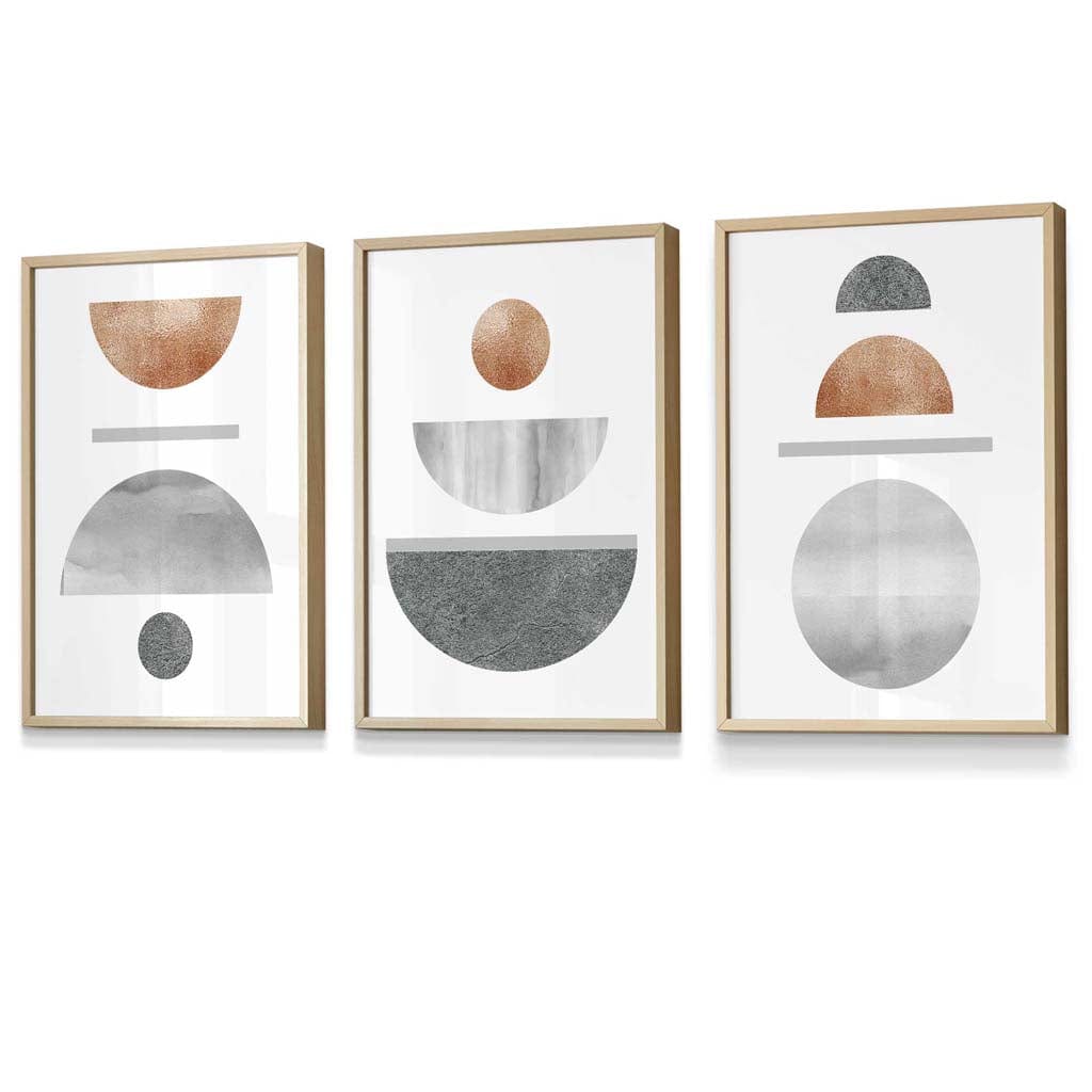 Kupfer und Grau Abstraktes geometrisches Mid-Century-Design, 3-teiliges gerahmtes Wandbild-Set