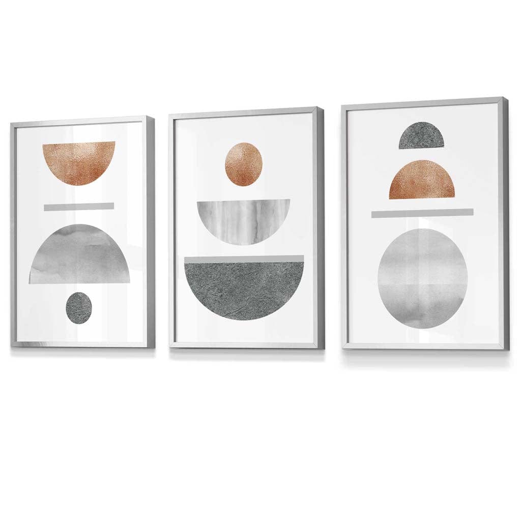 Kupfer und Grau Abstraktes geometrisches Mid-Century-Design, 3-teiliges gerahmtes Wandbild-Set