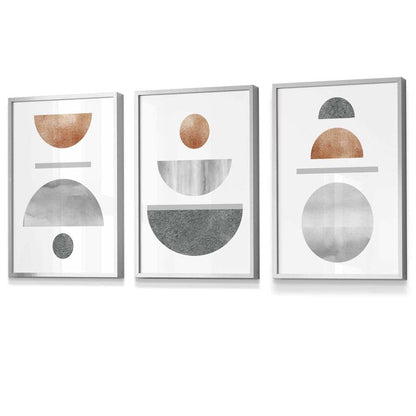 Kupfer und Grau Abstraktes geometrisches Mid-Century-Design, 3-teiliges gerahmtes Wandbild-Set