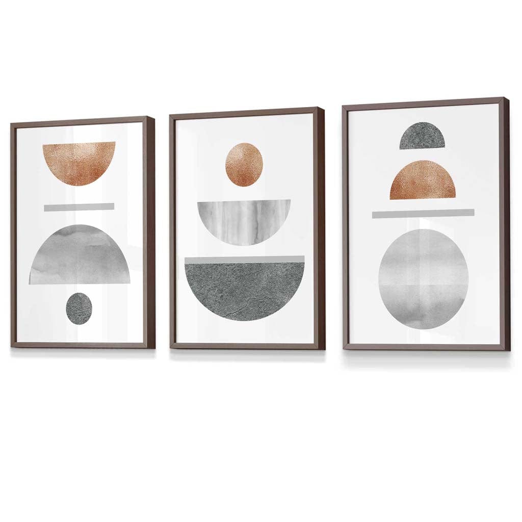 Kupfer und Grau Abstraktes geometrisches Mid-Century-Design, 3-teiliges gerahmtes Wandbild-Set