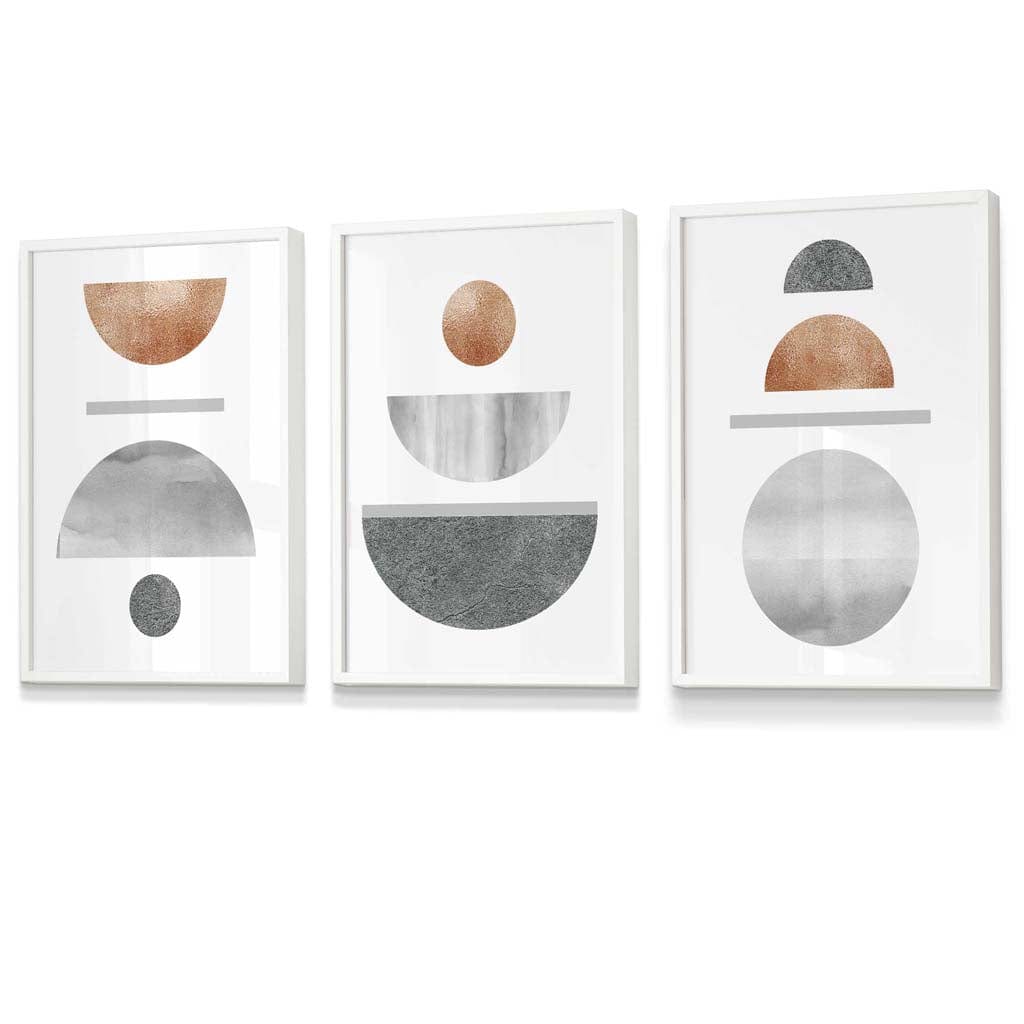 Kupfer und Grau Abstraktes geometrisches Mid-Century-Design, 3-teiliges gerahmtes Wandbild-Set