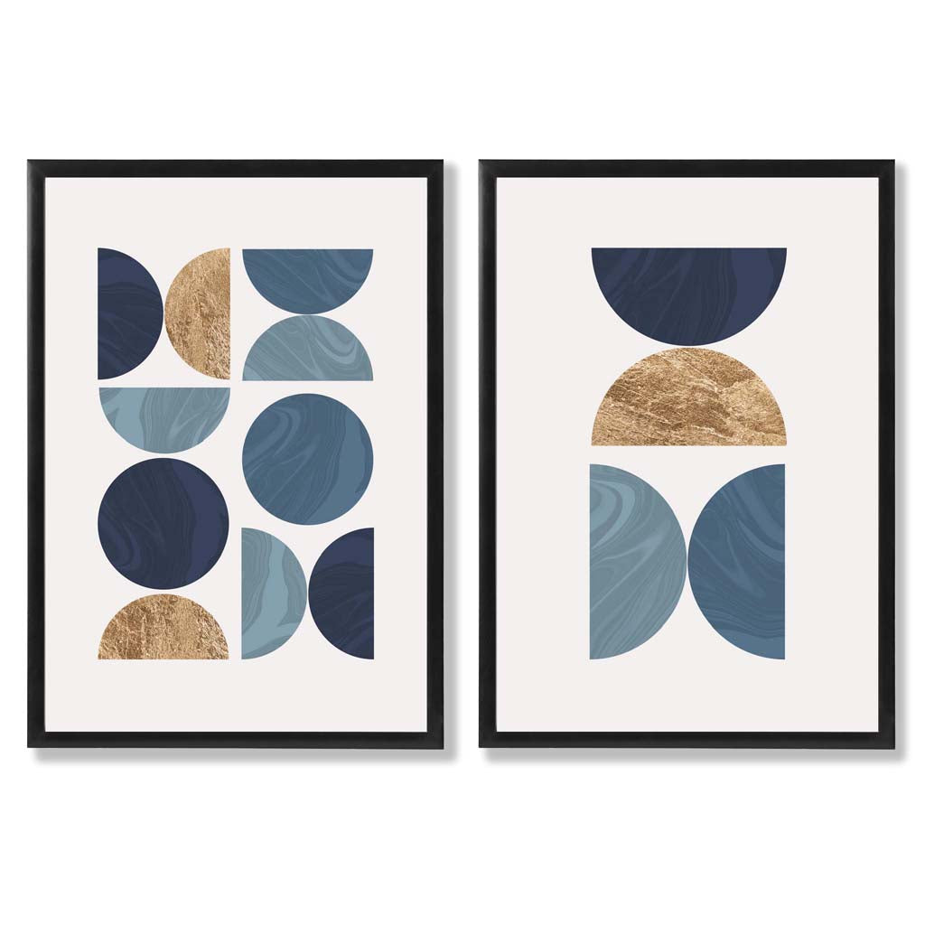 Set mit 2 Kunstdrucken im geometrischen Mid-Century-Stil in Blau und Gold