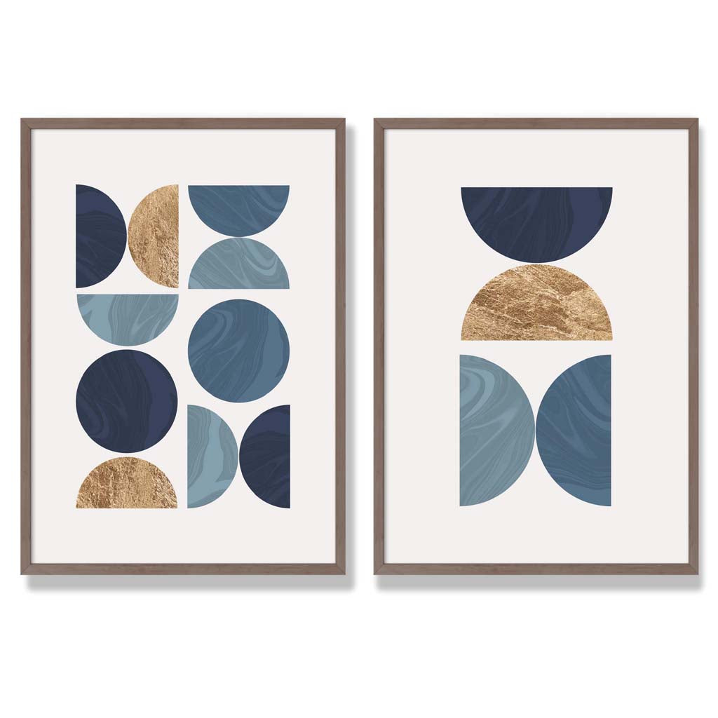 Set mit 2 Kunstdrucken im geometrischen Mid-Century-Stil in Blau und Gold