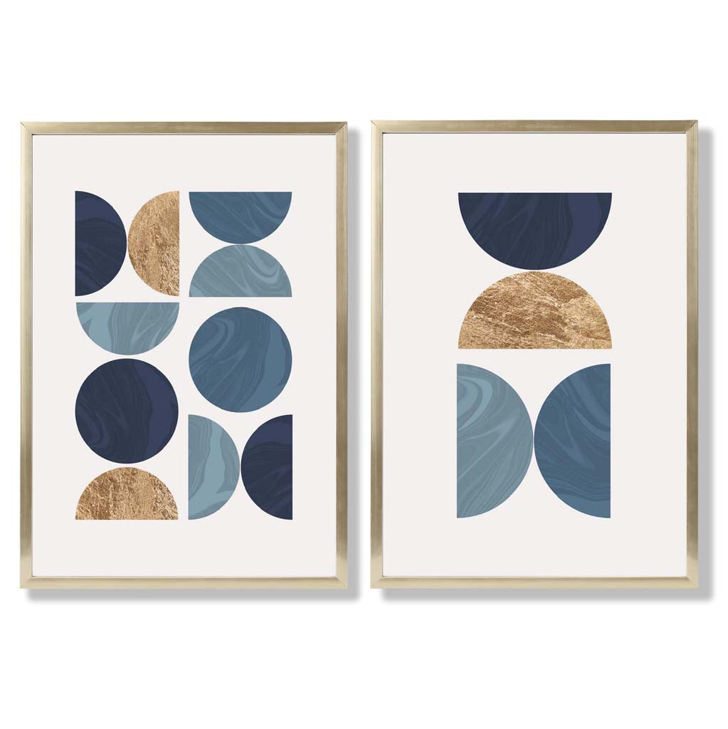 Set mit 2 Kunstdrucken im geometrischen Mid-Century-Stil in Blau und Gold