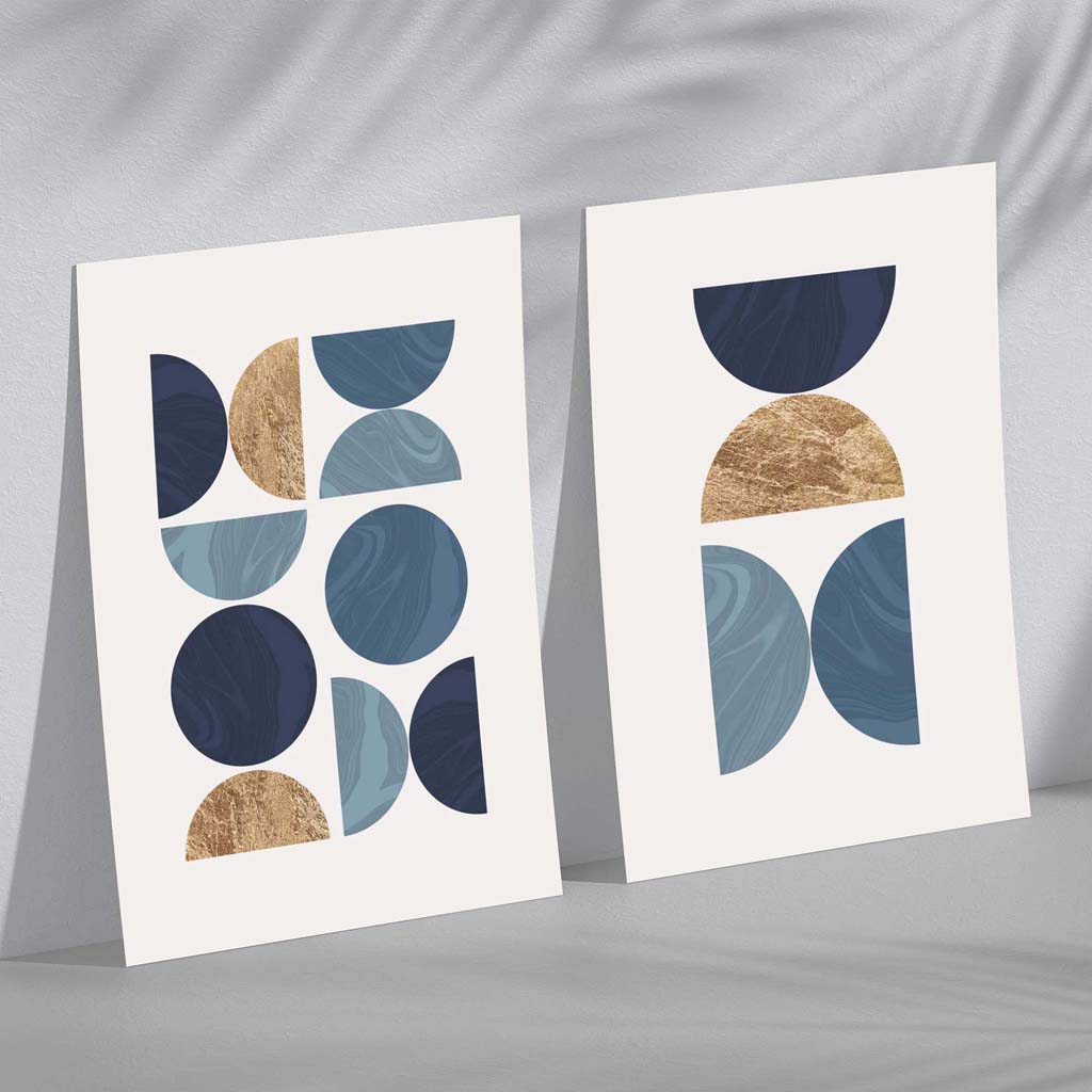 Set mit 2 Kunstdrucken im geometrischen Mid-Century-Stil in Blau und Gold