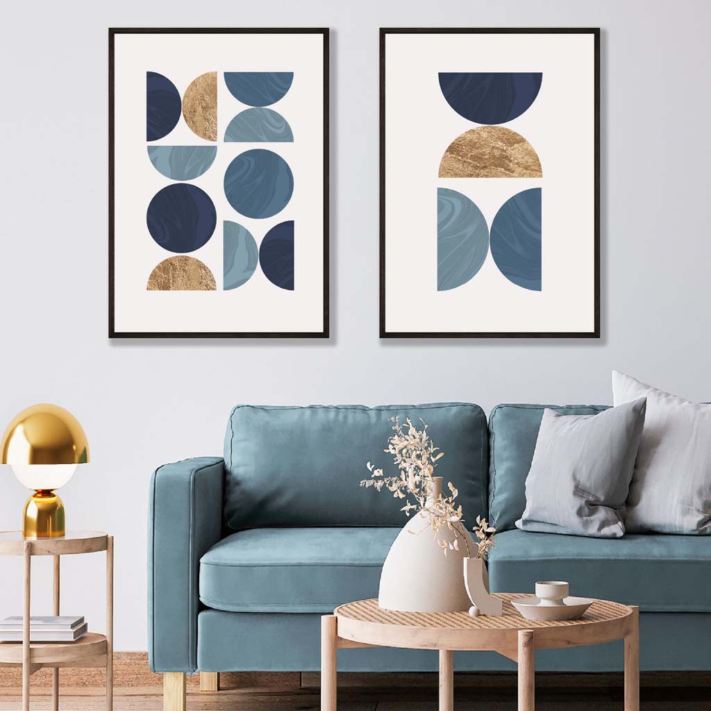 Set mit 2 Kunstdrucken im geometrischen Mid-Century-Stil in Blau und Gold