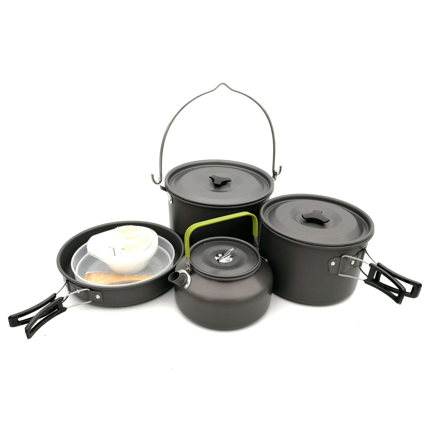 leichgewicht anodisierte Aluminiums Campinggeschirrset mit nestenden Töpfen, Kessel, faltbaren Griffen und antihaftbeschichteten Innenseiten Brehn