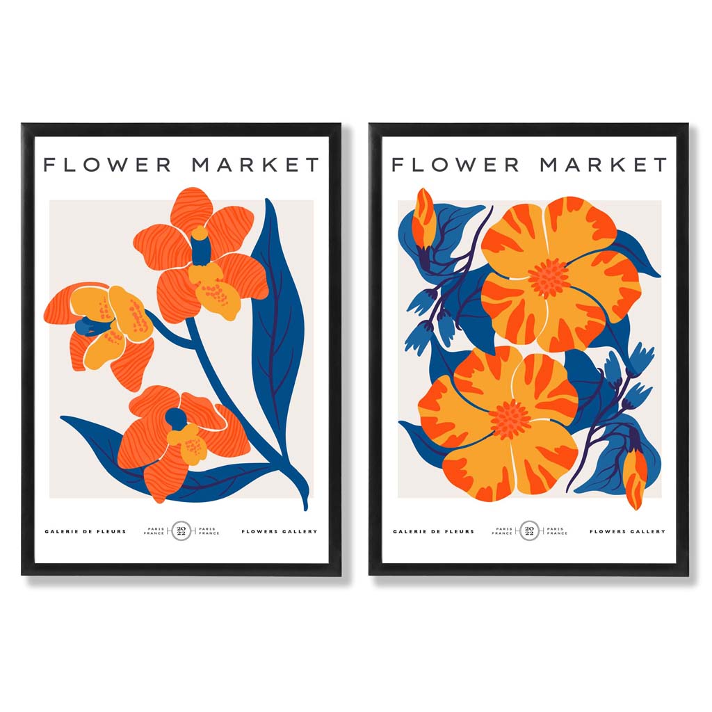 Set aus 2 gerahmten Kunstdrucken mit dem Motiv „Frühlingsblumenmarkt“ in leuchtendem Orange und Blau