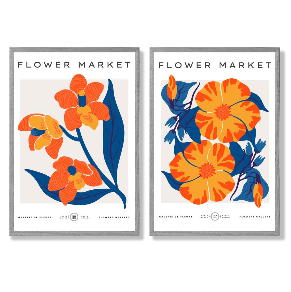 Set aus 2 gerahmten Kunstdrucken mit dem Motiv „Frühlingsblumenmarkt“ in leuchtendem Orange und Blau