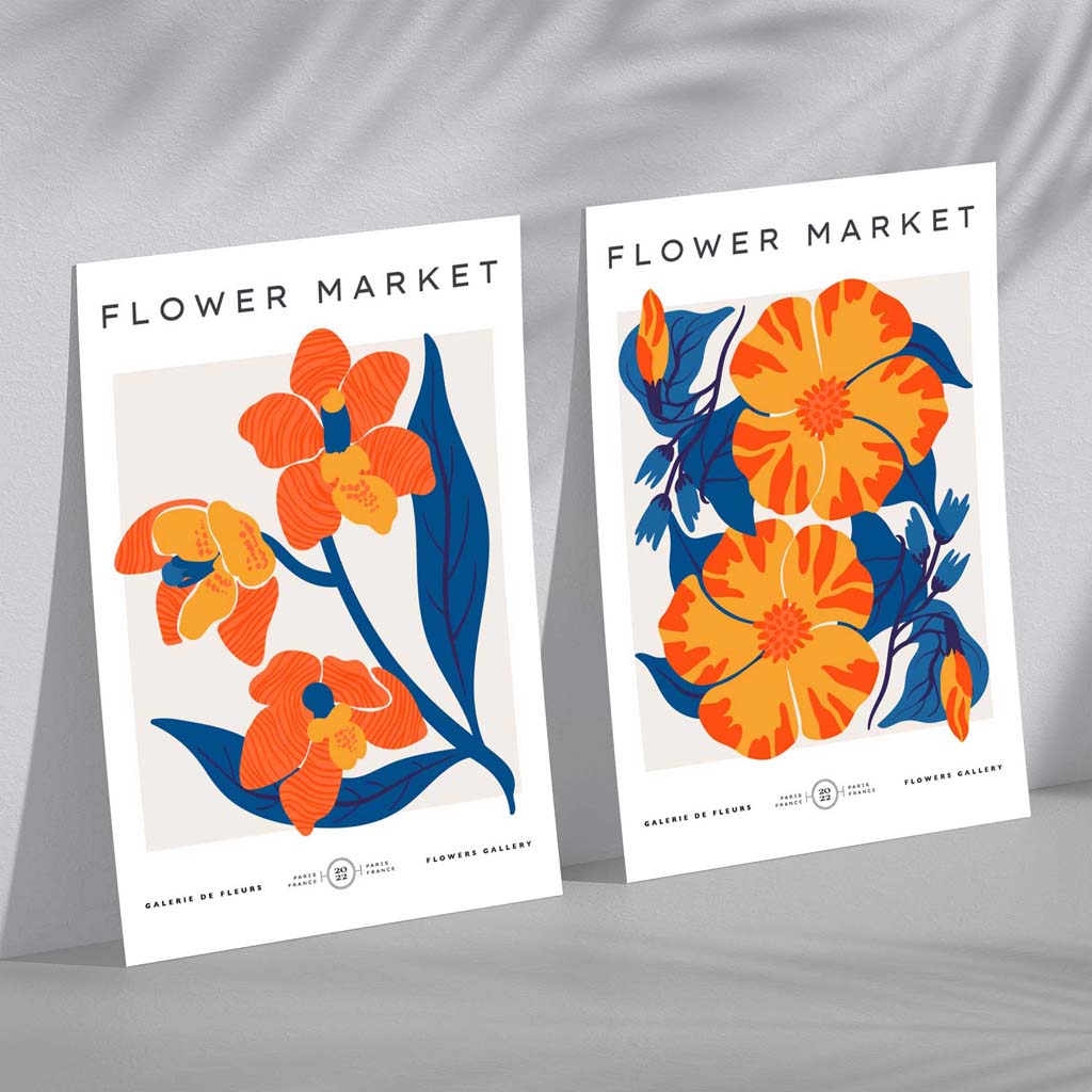 Set aus 2 gerahmten Kunstdrucken mit dem Motiv „Frühlingsblumenmarkt“ in leuchtendem Orange und Blau