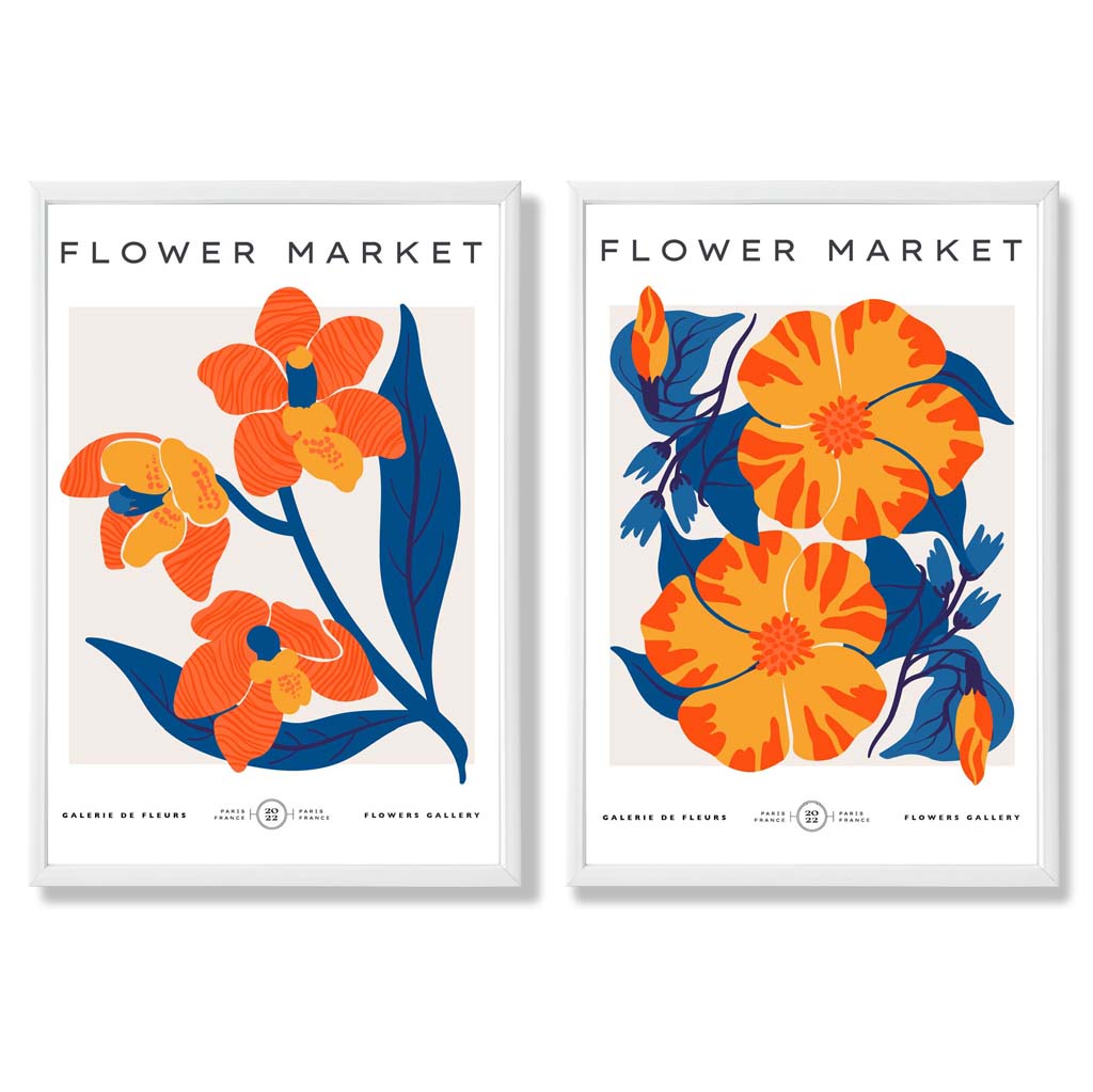 Set aus 2 gerahmten Kunstdrucken mit dem Motiv „Frühlingsblumenmarkt“ in leuchtendem Orange und Blau
