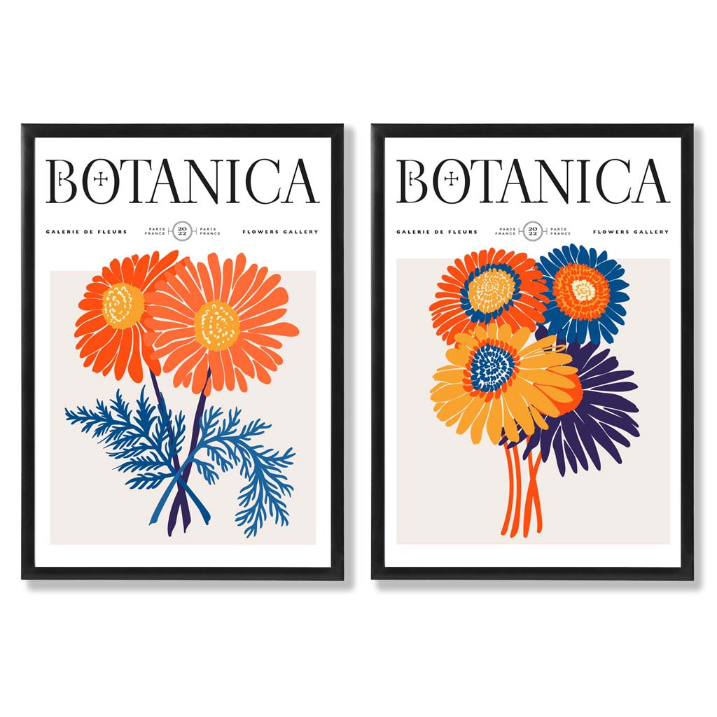 Set aus 2 gerahmten Kunstdrucken mit leuchtend orangefarbenen und blauen Motiven eines Sommerblumenmarktes
