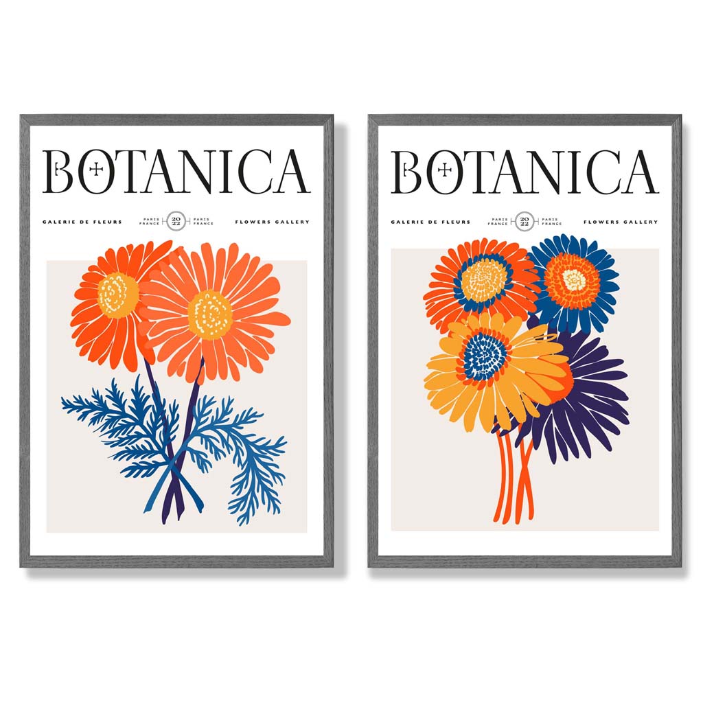 Set aus 2 gerahmten Kunstdrucken mit leuchtend orangefarbenen und blauen Motiven eines Sommerblumenmarktes