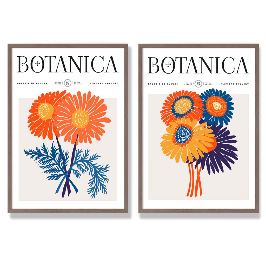 Set aus 2 gerahmten Kunstdrucken mit leuchtend orangefarbenen und blauen Motiven eines Sommerblumenmarktes