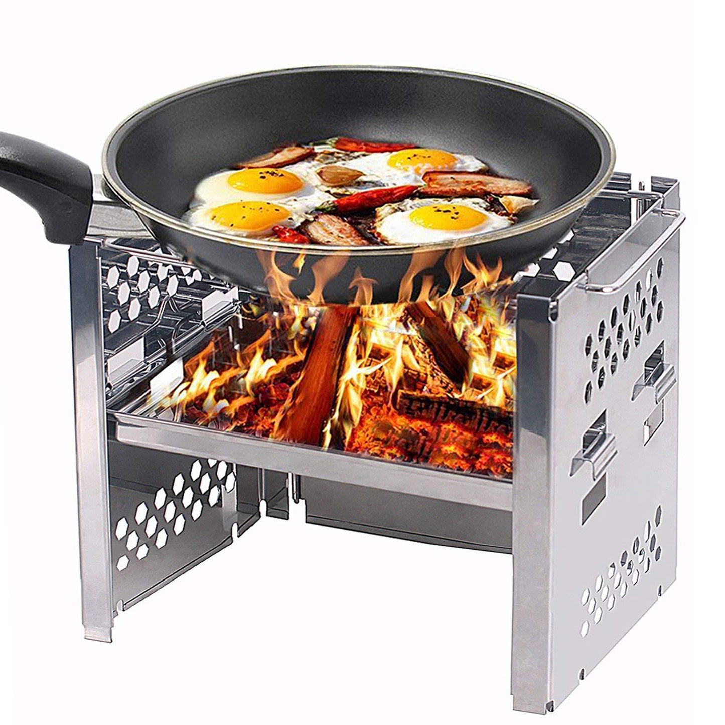 Edelstahl zusammenklappbarer tragbarer Campinggrill mit mehreren Ebenen und integrierten Spießhaltern Brehn
