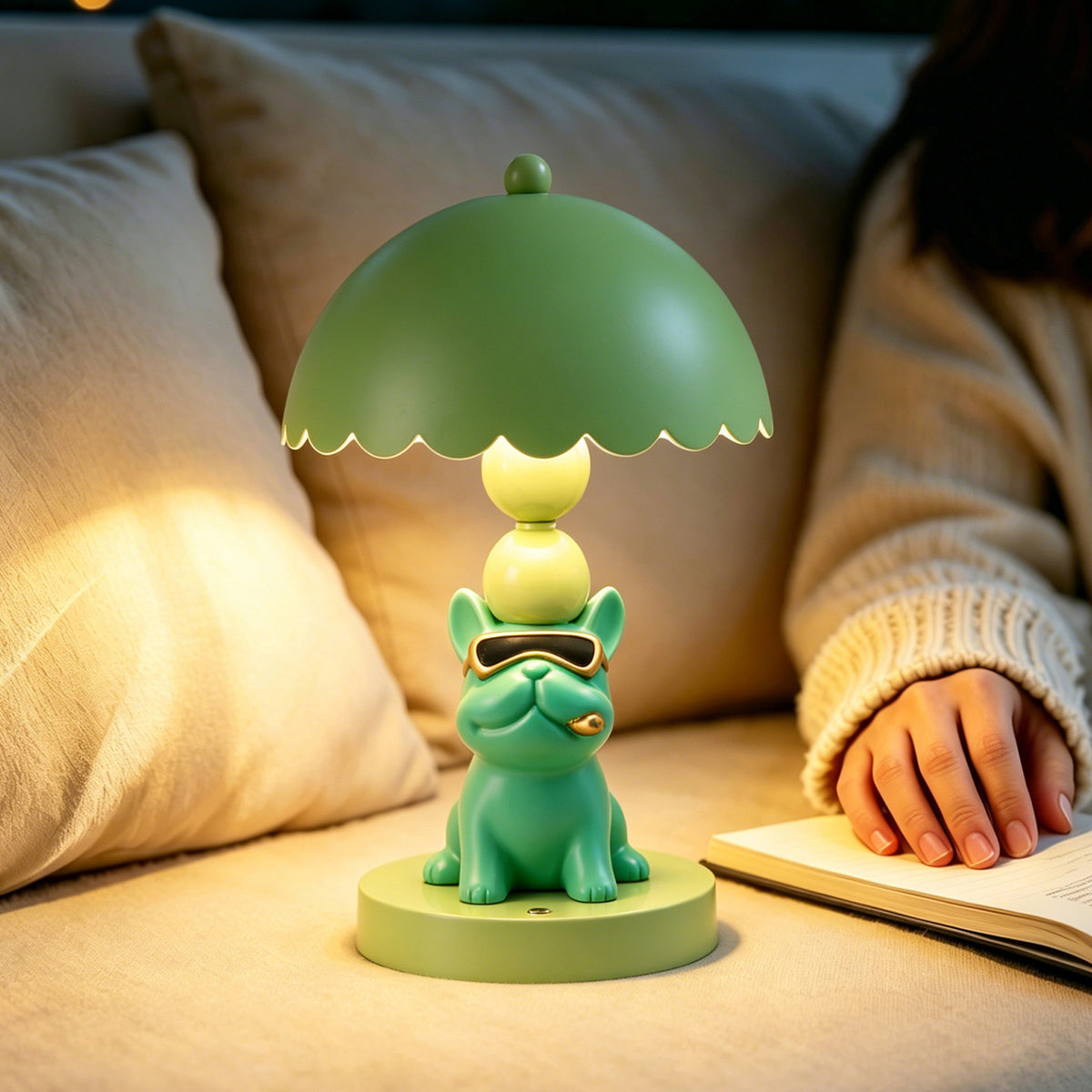 Französische Bulldoggen-Tischlampe Grün mit Sonnenbrille
