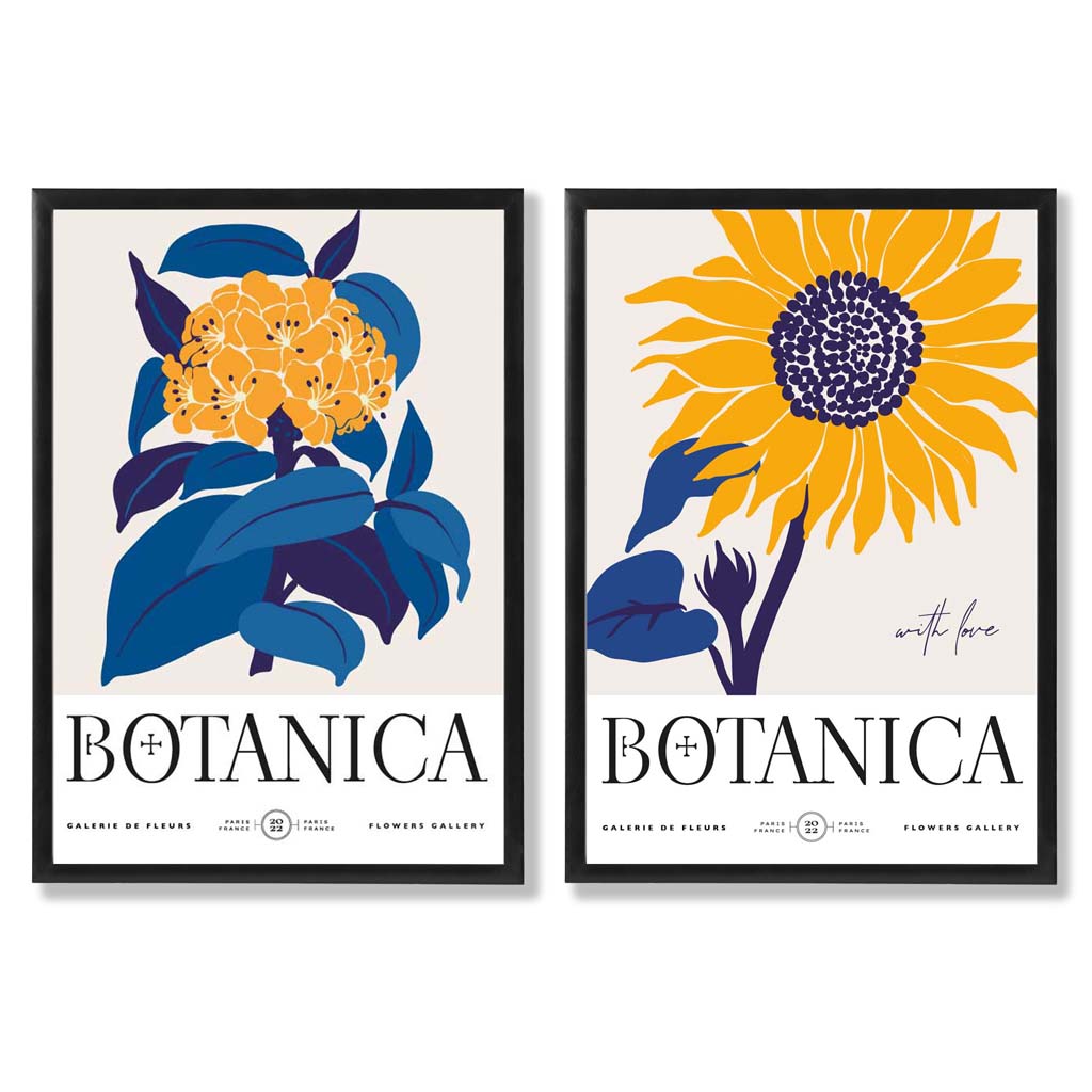 Set aus 2 gerahmten Kunstdrucken mit blau-gelben Sonnenblumen