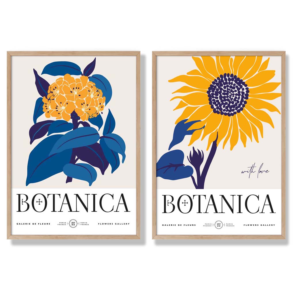 Set aus 2 gerahmten Kunstdrucken mit blau-gelben Sonnenblumen