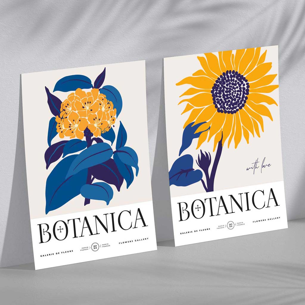 Set aus 2 Kunstdrucken mit blau-gelben Sonnenblumen